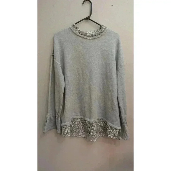 Democracy Tops - Casual silver sweatshirt w/ cream & black lace detail @ hems by Democracy XL